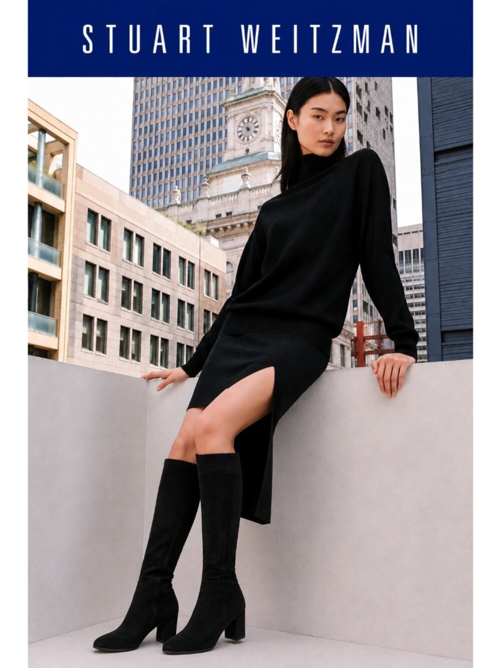 Stuart Weitzman Black Suede Knee High Boots Block Heel Size 10 Made in Spain